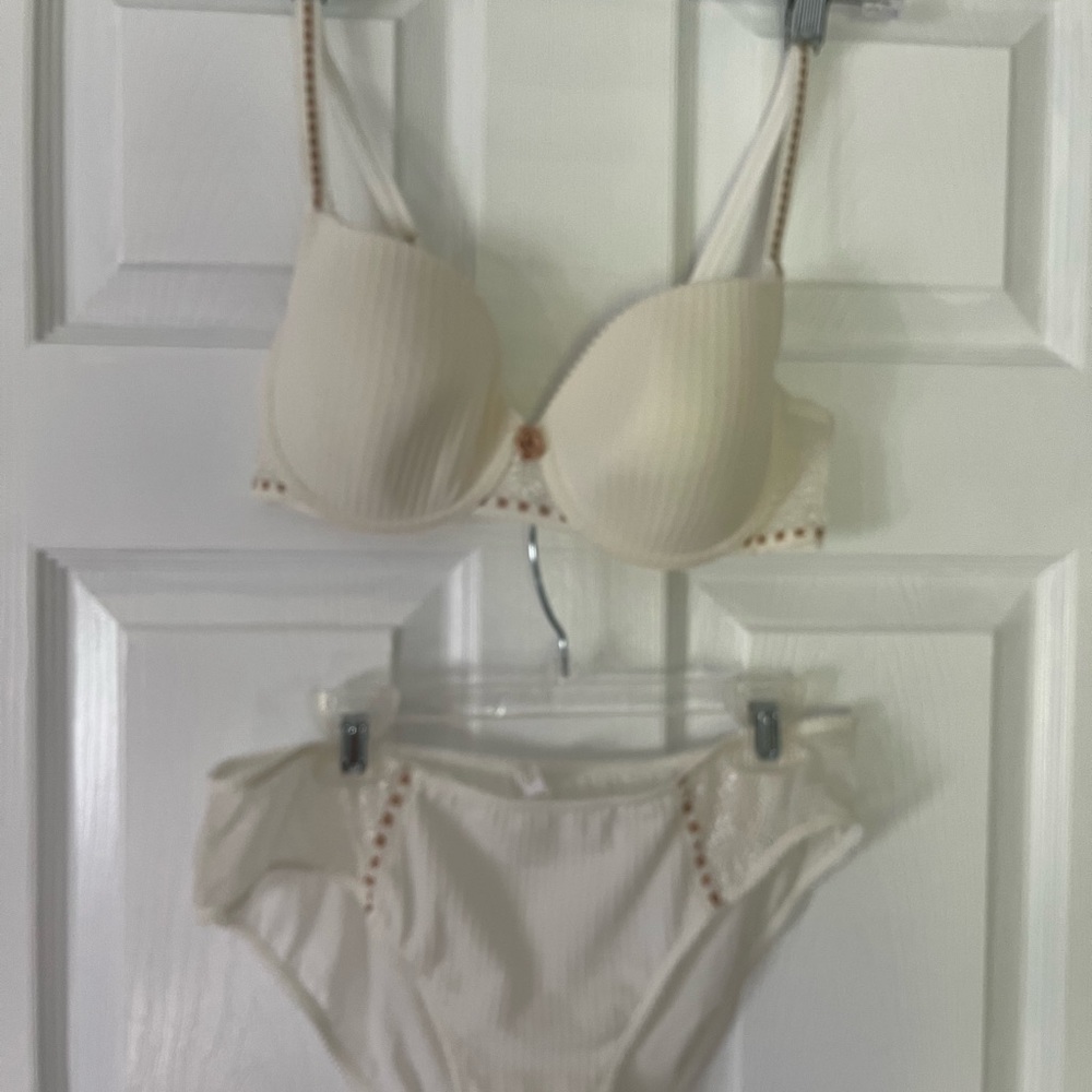 Chantelle Bra and Panty. Ivory with embossed pin-striping.